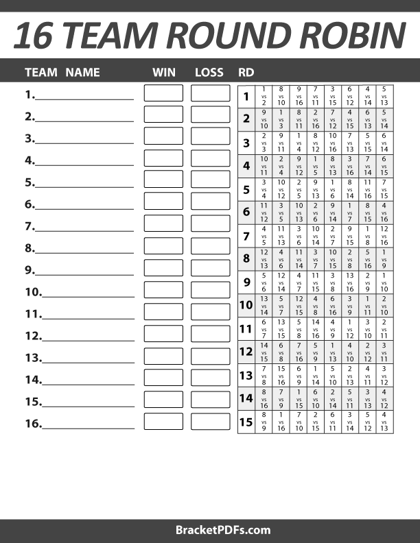 16 Team Round Robin Tournament Schedule