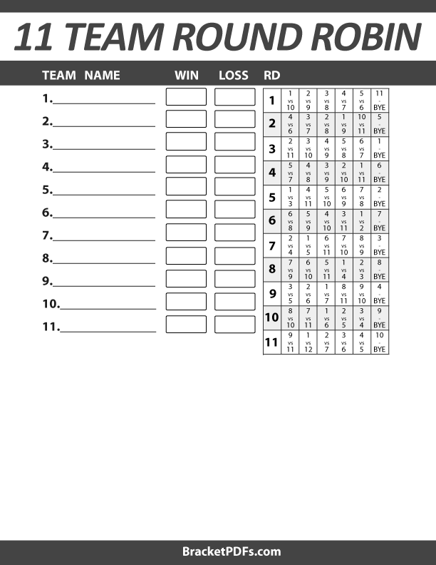 11 Team Round Robin Tournament Schedule