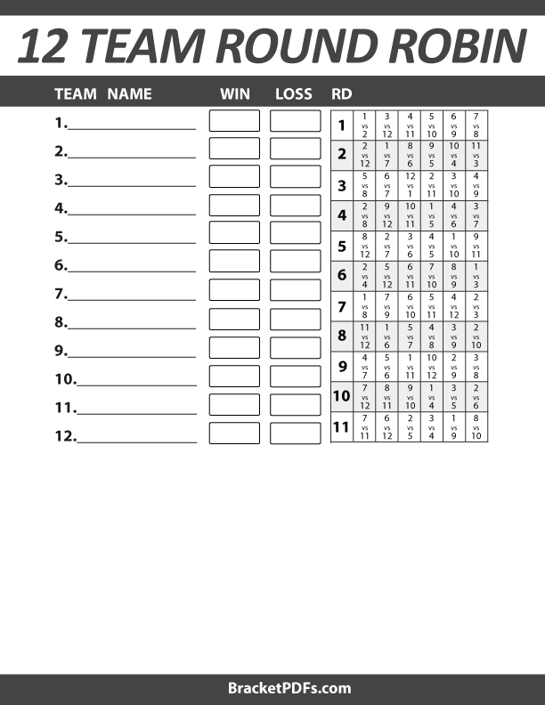 12 Team Round Robin Tournament Schedule