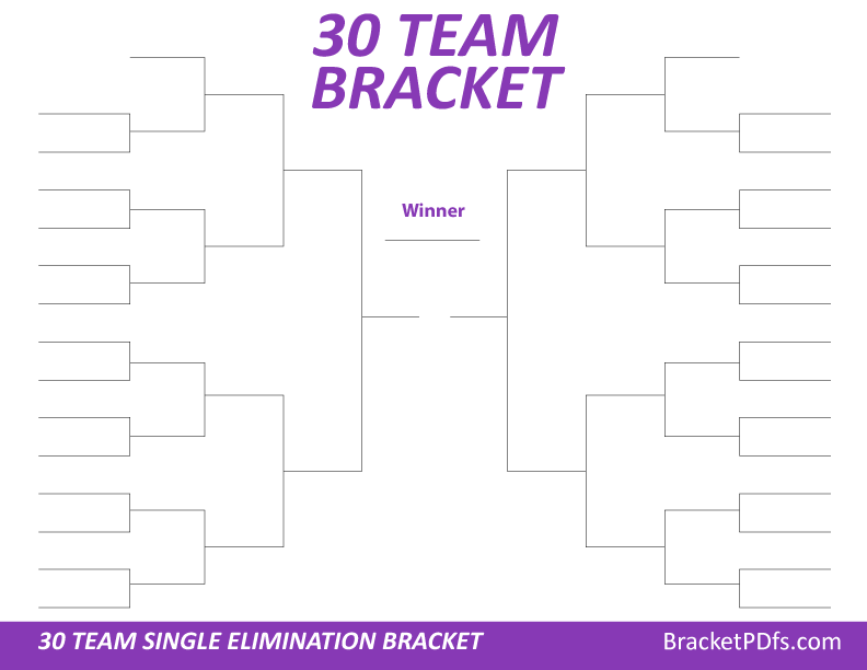 30 Team Bracket Single Elimination - Printable Bracket in 14 different