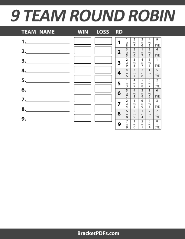 9 Team Round Robin Tournament Schedule
